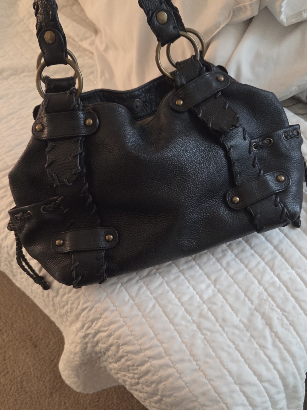 Kooba Black Leather Whipstitch Shoulder Bag with Brass Accents